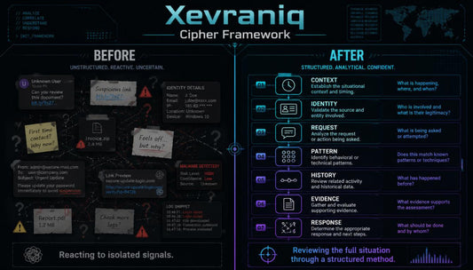 A digital infographic titled 'Xevraniq Cipher Framework' comparing a 'Before' state of reacting to isolated signals with an 'After' state of being structured, analytical, and confident.