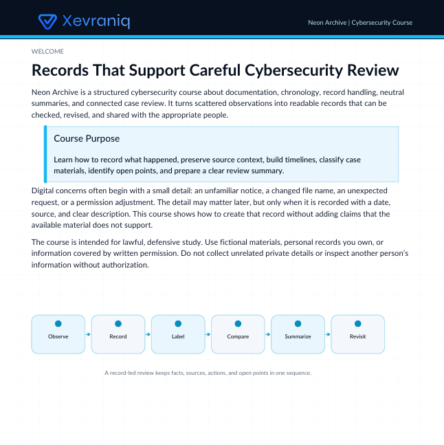A digital screenshot of a course page titled 'Records That Support Careful Cybersecurity Review' from Xevraniq, showing course text and a workflow diagram with Observe, Record, Label, Compare, Summary, and Review steps.