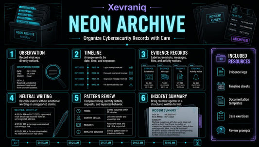 A digital infographic template titled 'Xevraniq NEON ARCHIVE' designed for organizing cybersecurity records. The design features a dark background with glowing neon blue and cyan text and interface elements, outlining steps from observation to incident summary, along with a sidebar listing included resources.
