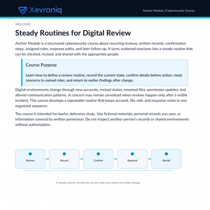 A digital document page titled 'Steady Routines for Digital Review' from Xevraniq, outlining a cybersecurity course module. The page features a white background with black text, a light blue 'Course Purpose' box, and a flowchart at the bottom illustrating the review, record, confirm, respond, and reopen steps.