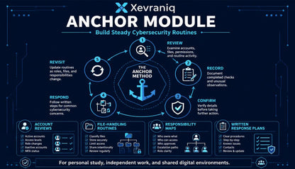 An infographic-style digital poster titled 'Xevraniq Anchor Module' with a dark blue background and illustrated cybersecurity routine steps around a central anchor icon. The design includes sections for account reviews, file-handling routines, responsibility maps, and written response plans, plus the tagline 'Build Steady Cybersecurity Routines.