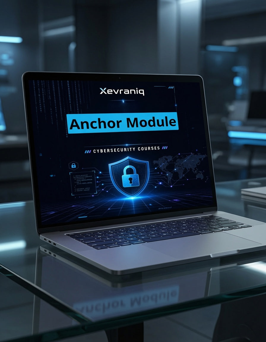An open silver laptop sits on a glass table in a dark, futuristic office setting. The laptop screen displays a digital course module titled 'Xevraniq Anchor Module' with blue and white graphics related to cybersecurity.