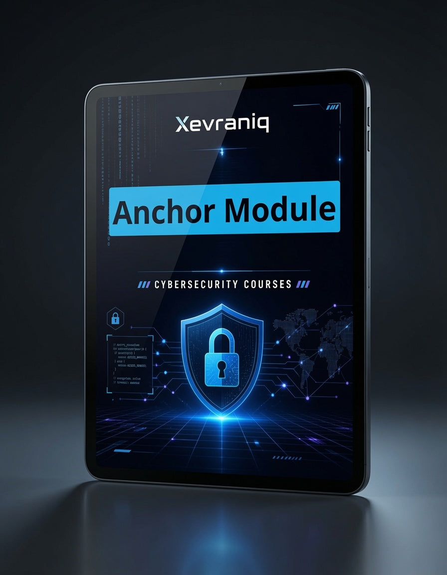 A tablet device displaying a cybersecurity course cover titled 'Xevraniq Anchor Module' with blue lock and digital interface graphics, set against a dark studio background.