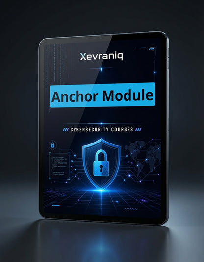 A tablet device displaying a cybersecurity course cover titled 'Xevraniq Anchor Module' with blue lock and digital interface graphics, set against a dark studio background.