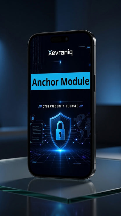 A smartphone displaying a cybersecurity course graphic titled 'Xevraniq' and 'Anchor Module' with a blue lock icon, shown on a reflective dark surface.