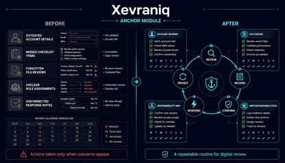 A digital infographic titled 'Xevraniq Anchor Module' on a dark navy background, comparing 'Before' and 'After' states with tables, icons, and flow diagrams for digital review processes.