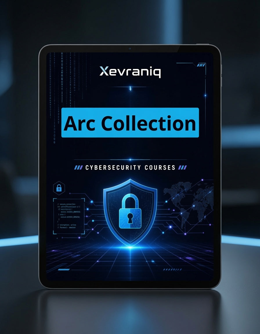 A tablet device displaying a digital cover for 'Xevraniq Arc Collection' cybersecurity courses, featuring a blue and black futuristic design with a padlock icon, set against a dark blurred background.