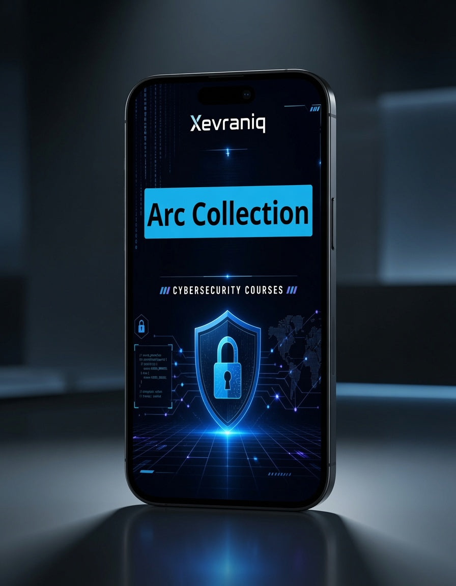 A smartphone stands upright on a reflective dark surface, displaying a digital course graphic for 'Xevraniq Arc Collection' cybersecurity courses. The screen shows a blue and black futuristic padlock and grid design.