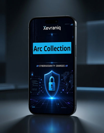 A smartphone stands upright on a reflective dark surface, displaying a digital course graphic for 'Xevraniq Arc Collection' cybersecurity courses. The screen shows a blue and black futuristic padlock and grid design.