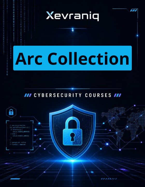Promotional graphic for Xevraniq Arc Collection cybersecurity courses, featuring a glowing blue padlock shield on a dark digital background with circuitry and world map graphics.