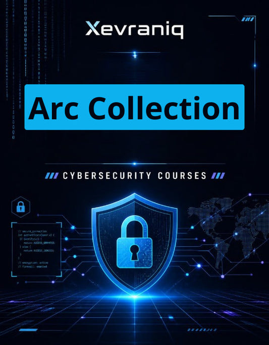 Promotional graphic for Xevraniq Arc Collection cybersecurity courses, featuring a glowing blue padlock shield on a dark digital background with circuitry and world map graphics.