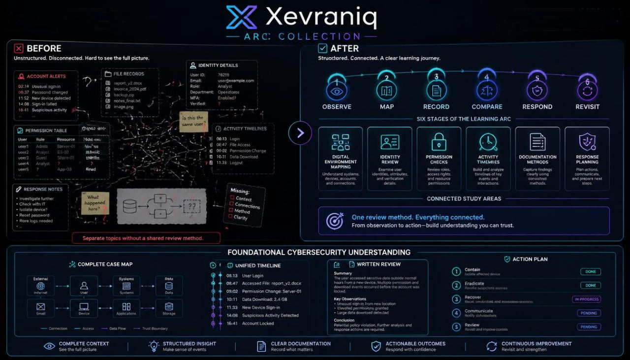 A dark digital infographic titled 'Xevraniq ARC COLLECTION' showing before-and-after cybersecurity workflow panels with icons, text blocks, and a structured process layout on a black background.