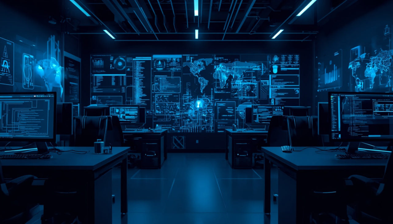 A futuristic dark office or control room with multiple desks, computer monitors, and a large wall of glowing blue digital screens and charts.