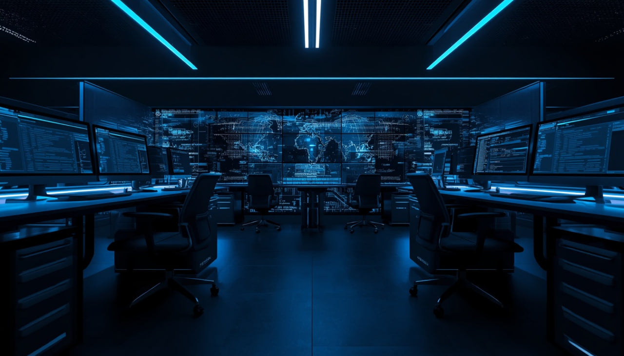 A futuristic dark control room with multiple computer workstations, office chairs, glowing blue LED strip lights, and a large digital display wall in the background.