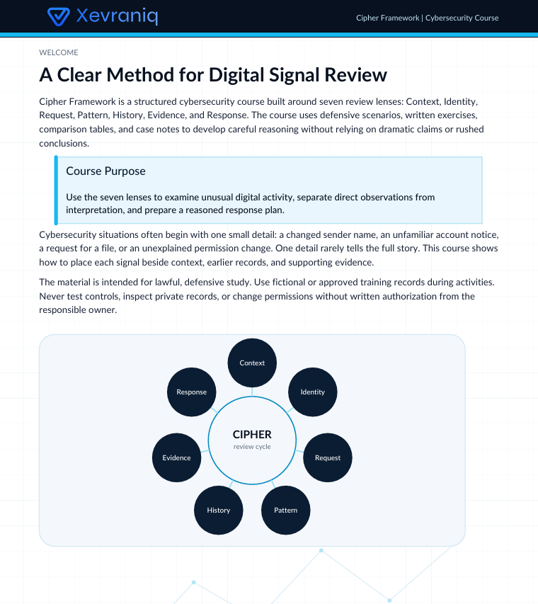 A digital document cover for a cybersecurity course titled 'A Clear Method for Digital Signal Review' by Xevriq. The page features a dark blue header with the Xevriq logo, white text, a light blue course purpose box, and a circular diagram at the bottom illustrating the seven lenses of digital signal review.