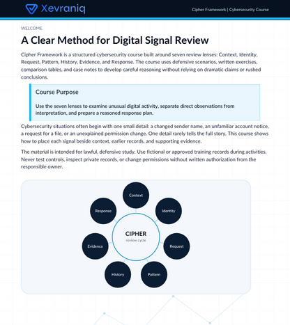 A digital document cover for a cybersecurity course titled 'A Clear Method for Digital Signal Review' by Xevriq. The page features a dark blue header with the Xevriq logo, white text, a light blue course purpose box, and a circular diagram at the bottom illustrating the seven lenses of digital signal review.