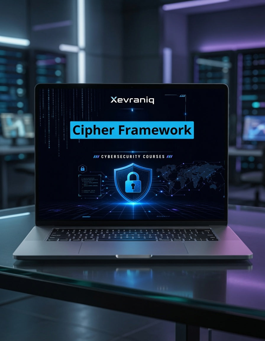 A silver laptop sits on a reflective glass table in a futuristic server room, displaying a digital course cover for 'Xevraniq Cipher Framework' with a glowing blue padlock graphic.