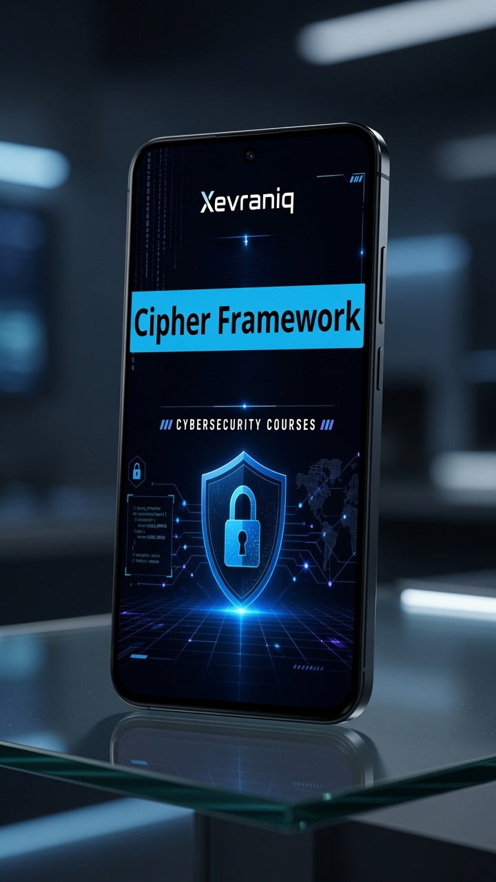 A smartphone displayed upright on a glass surface in a dark futuristic setting, showing a course cover for 'Xevraniq Cipher Framework' with blue glowing lock graphics and the text 'Cybersecurity Courses'.