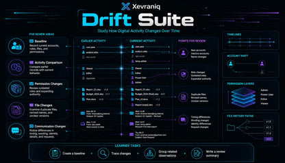 A digital infographic titled 'Xevraniq Drift Suite' explaining how digital activity changes over time, featuring a dark blue and black background with various activity timelines, permission layers, and review areas.