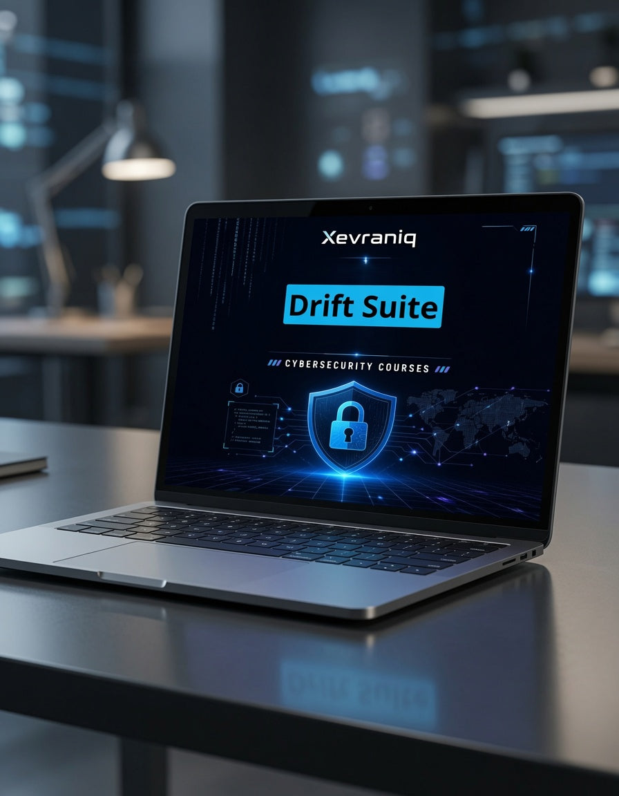 An open silver laptop sits on a dark desk in a modern office setting, displaying a cybersecurity course graphic for 'Xevraniq Drift Suite' with a glowing lock icon on the screen.
