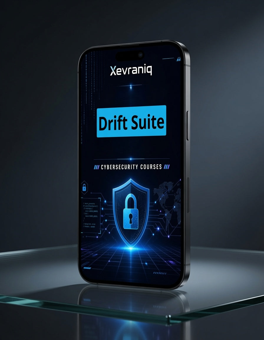 A smartphone displayed upright on a reflective glass surface against a dark studio background. The screen shows the brand name Xevraniq and a blue graphic reading "Drift Suite" with cybersecurity course imagery.
