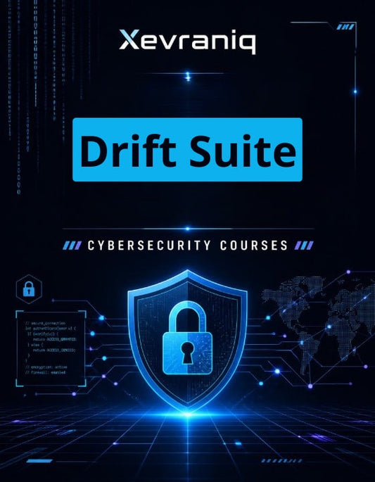 Promotional graphic for Xevraniq Drift Suite cybersecurity courses, featuring a glowing blue shield with a padlock on a dark digital background with code and world map elements.