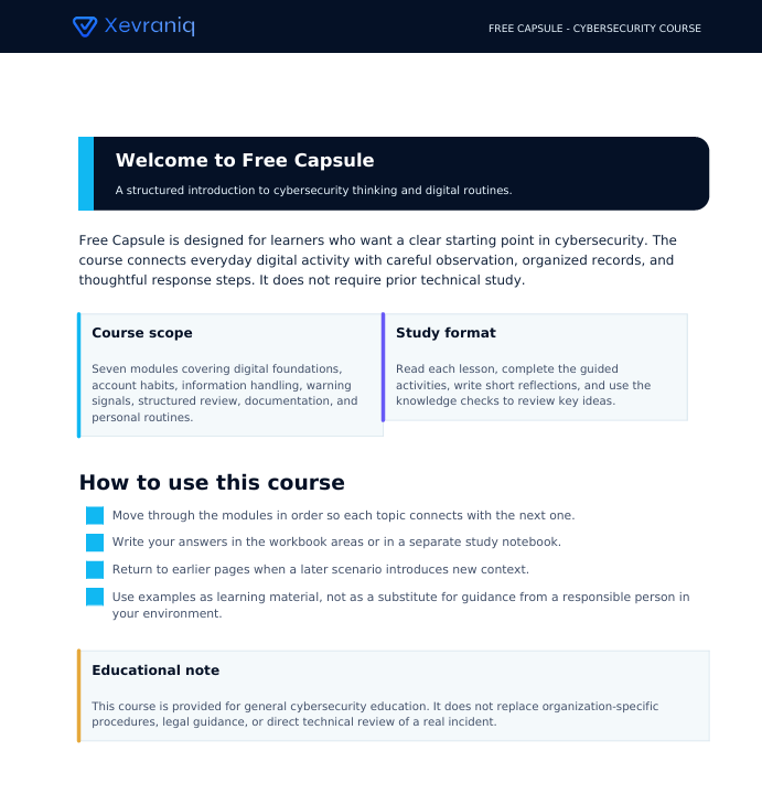 A digital course page for 'Free Capsule - Cybersecurity Course' by Xevrniq, featuring text descriptions, course details, study format, usage instructions, and an educational note on a white background with blue and light blue accents.