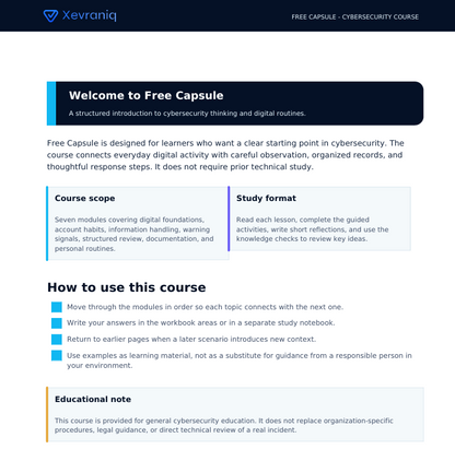 A digital course page for 'Free Capsule - Cybersecurity Course' by Xevrniq, featuring text descriptions, course details, study format, usage instructions, and an educational note on a white background with blue and light blue accents.
