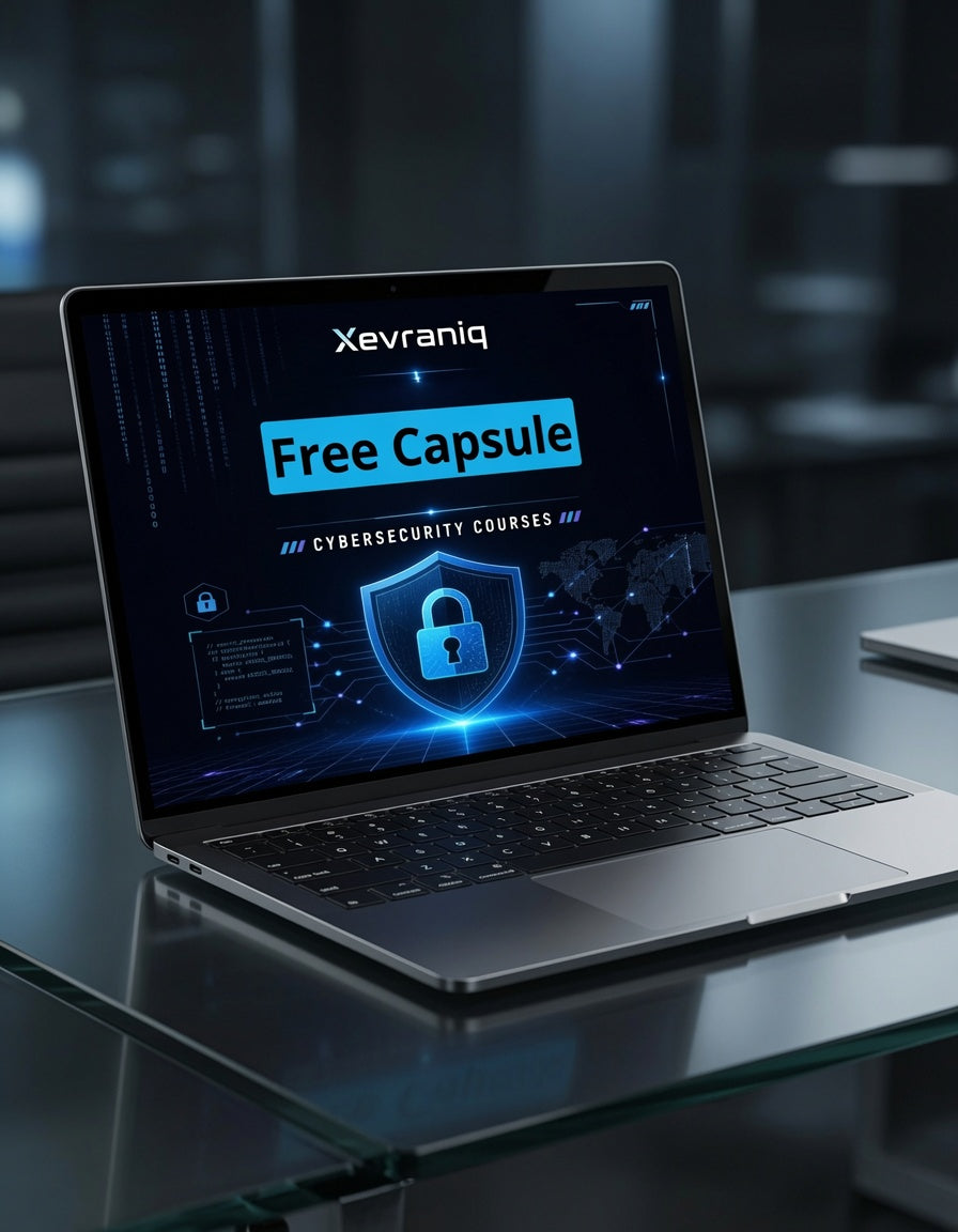 An open silver laptop on a glass desk displaying a cybersecurity course screen with the text 'Xevraniq Free Capsule' and a glowing padlock graphic, set against a dark blurred office background.
