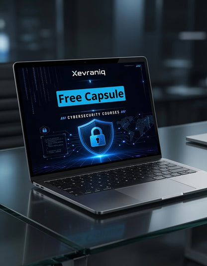An open silver laptop on a glass desk displaying a cybersecurity course screen with the text 'Xevraniq Free Capsule' and a glowing padlock graphic, set against a dark blurred office background.