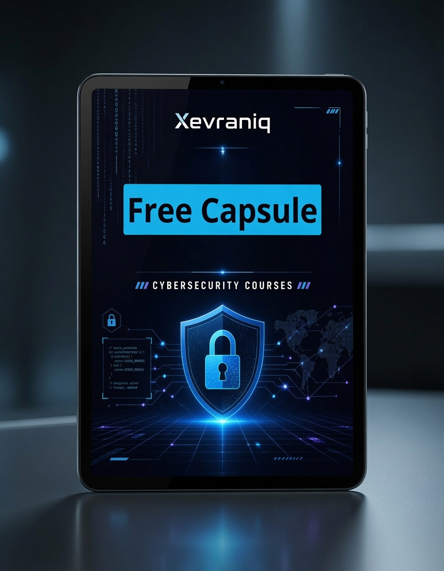 A tablet device standing upright on a reflective surface, displaying a digital cover design with the text 'Xevraniq' and 'Free Capsule' for cybersecurity courses. The screen artwork features a glowing blue padlock and futuristic interface elements against a dark background.