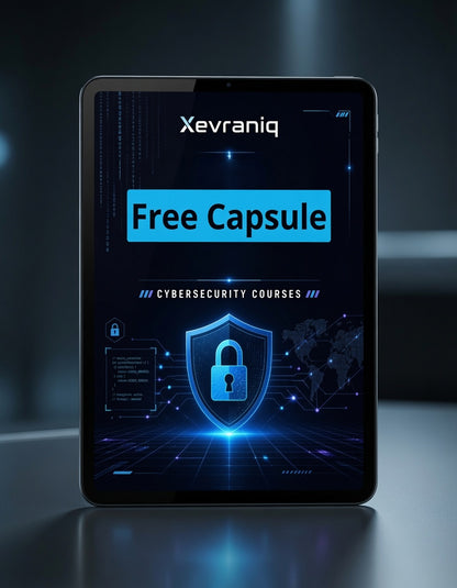 A tablet device standing upright on a reflective surface, displaying a digital cover design with the text 'Xevraniq' and 'Free Capsule' for cybersecurity courses. The screen artwork features a glowing blue padlock and futuristic interface elements against a dark background.