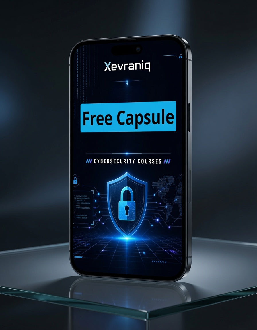 A smartphone displayed upright on a glass surface against a dark blue studio background. The screen shows the brand name Xevraniq and a large blue banner reading Free Capsule, with cybersecurity course graphics below.