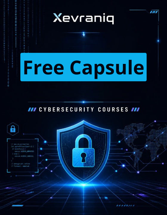Promotional graphic for Xevraniq offering a free cybersecurity course capsule. The design features a dark blue and black cyber-themed background with a glowing blue digital shield and padlock in the center, the text 'Xevraniq' at the top, and 'Free Capsule' inside a bright blue rectangle.