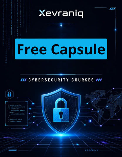 Promotional graphic for Xevraniq offering a free cybersecurity course capsule. The design features a dark blue and black cyber-themed background with a glowing blue digital shield and padlock in the center, the text 'Xevraniq' at the top, and 'Free Capsule' inside a bright blue rectangle.