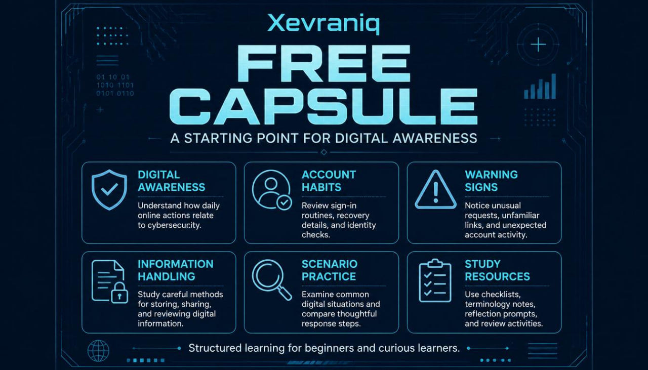 Promotional graphic for Xevraniq Free Capsule, a digital awareness program. The design features a dark navy blue background with a futuristic circuit board pattern, featuring the title 'FREE CAPSULE' in large, glowing light blue letters.