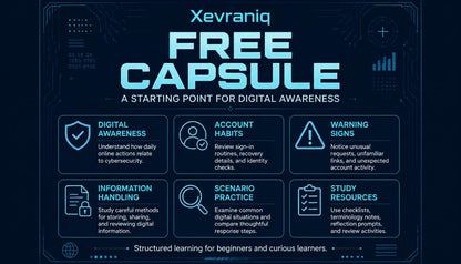 Promotional graphic for Xevraniq Free Capsule, a digital awareness program. The design features a dark navy blue background with a futuristic circuit board pattern, featuring the title 'FREE CAPSULE' in large, glowing light blue letters.