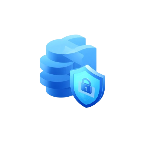 A blue digital icon featuring a stack of database cylinders next to a shield with a lock, isolated on a white background.