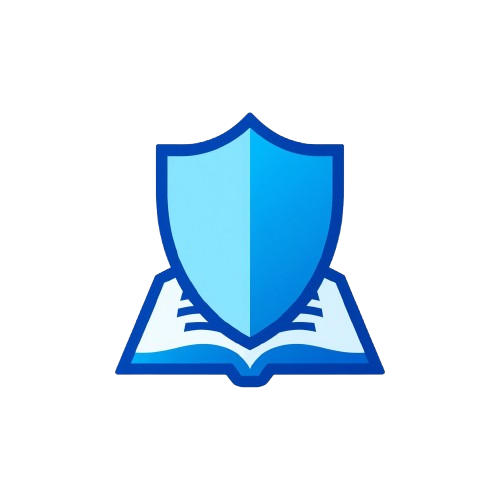 A blue and light blue icon depicting a shield resting on an open book, centered on a plain white background.