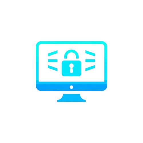 A digital icon of a computer monitor with a blue gradient and a padlock symbol on the screen, isolated on a white background.