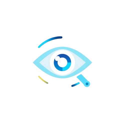 A minimalist blue and white eye icon with a magnifying glass overlay, centered on a plain white background.
