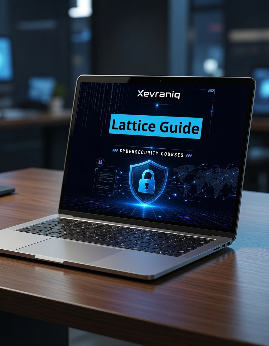 An open silver laptop sits on a wooden desk in a blurred office environment, displaying a digital course cover titled 'Xevraniq Lattice Guide' with cybersecurity graphics.