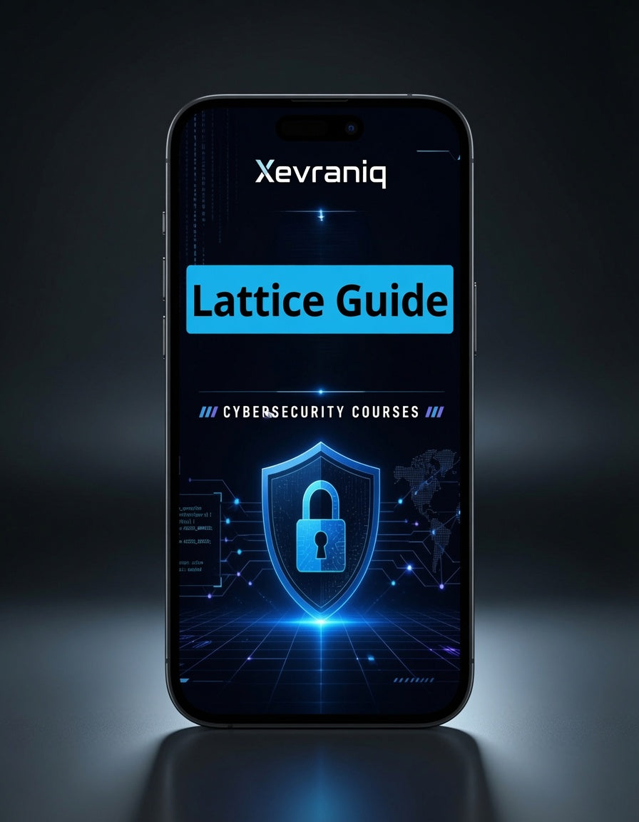 A smartphone centered on a dark studio background, displaying a digital cover for a cybersecurity course titled "Lattice Guide" by Xevraniq, with glowing blue lock and grid graphics.