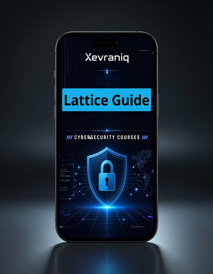 A smartphone centered on a dark studio background, displaying a digital cover for a cybersecurity course titled "Lattice Guide" by Xevraniq, with glowing blue lock and grid graphics.