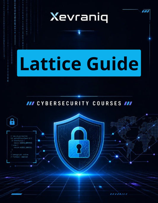 Digital cover graphic for 'Xevraniq Lattice Guide' in cybersecurity courses, featuring a glowing blue padlock inside a shield on a dark tech-themed background with circuitry and a world map.