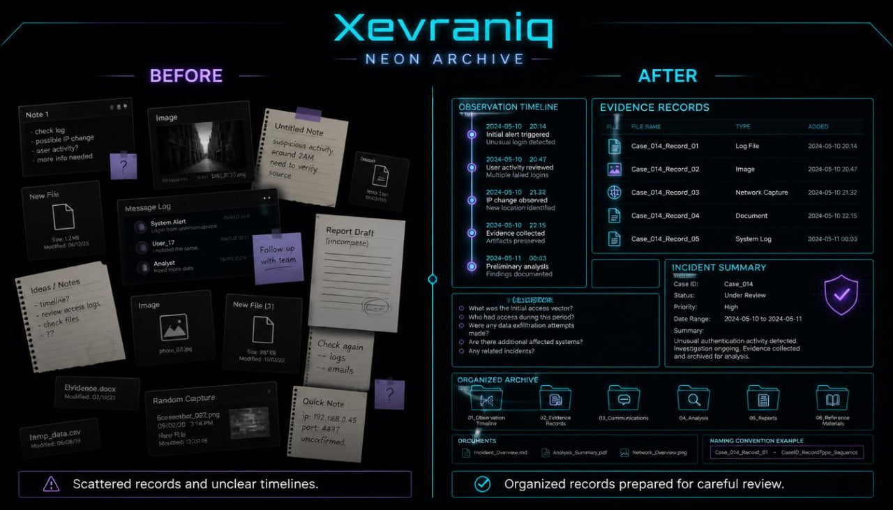 A digital promotional graphic for Xevraniq Neon Archive, showing a dark interface comparison labeled BEFORE and AFTER. The left side shows a disorganized collage of files, notes, and screenshots with messy timelines.