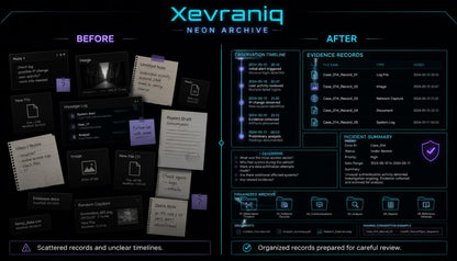 A digital promotional graphic for Xevraniq Neon Archive, showing a dark interface comparison labeled BEFORE and AFTER. The left side shows a disorganized collage of files, notes, and screenshots with messy timelines.