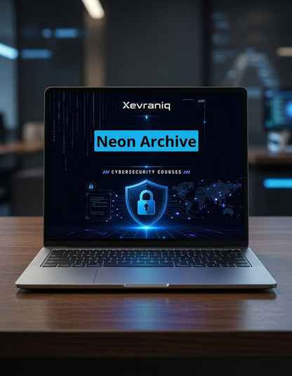 An open silver laptop sits on a wooden desk, displaying a cybersecurity course advertisement for 'Xevraniq Neon Archive' with a glowing blue padlock graphic on the screen.