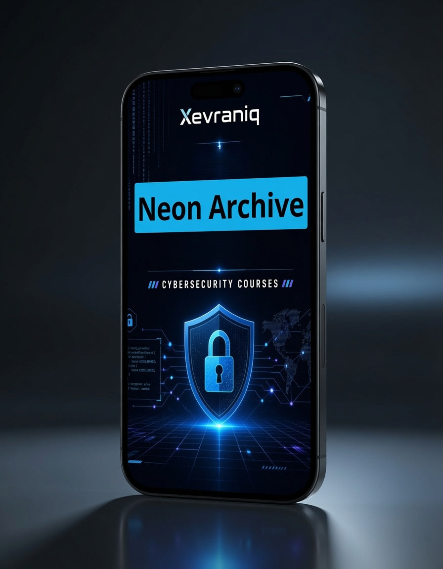 A smartphone shown upright on a dark reflective surface, displaying a futuristic cybersecurity course graphic with the brand name Xevraniq and the title Neon Archive.