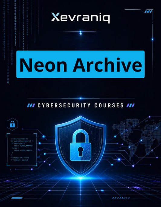 Promotional graphic for Xevraniq's 'Neon Archive' cybersecurity courses, featuring a glowing blue digital shield with a padlock icon on a dark, futuristic tech-themed background.